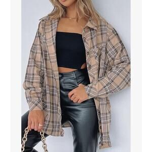 New Chyrii Womens Boyfriends Flannel Shirt Large Tan Black Plaid Button Down